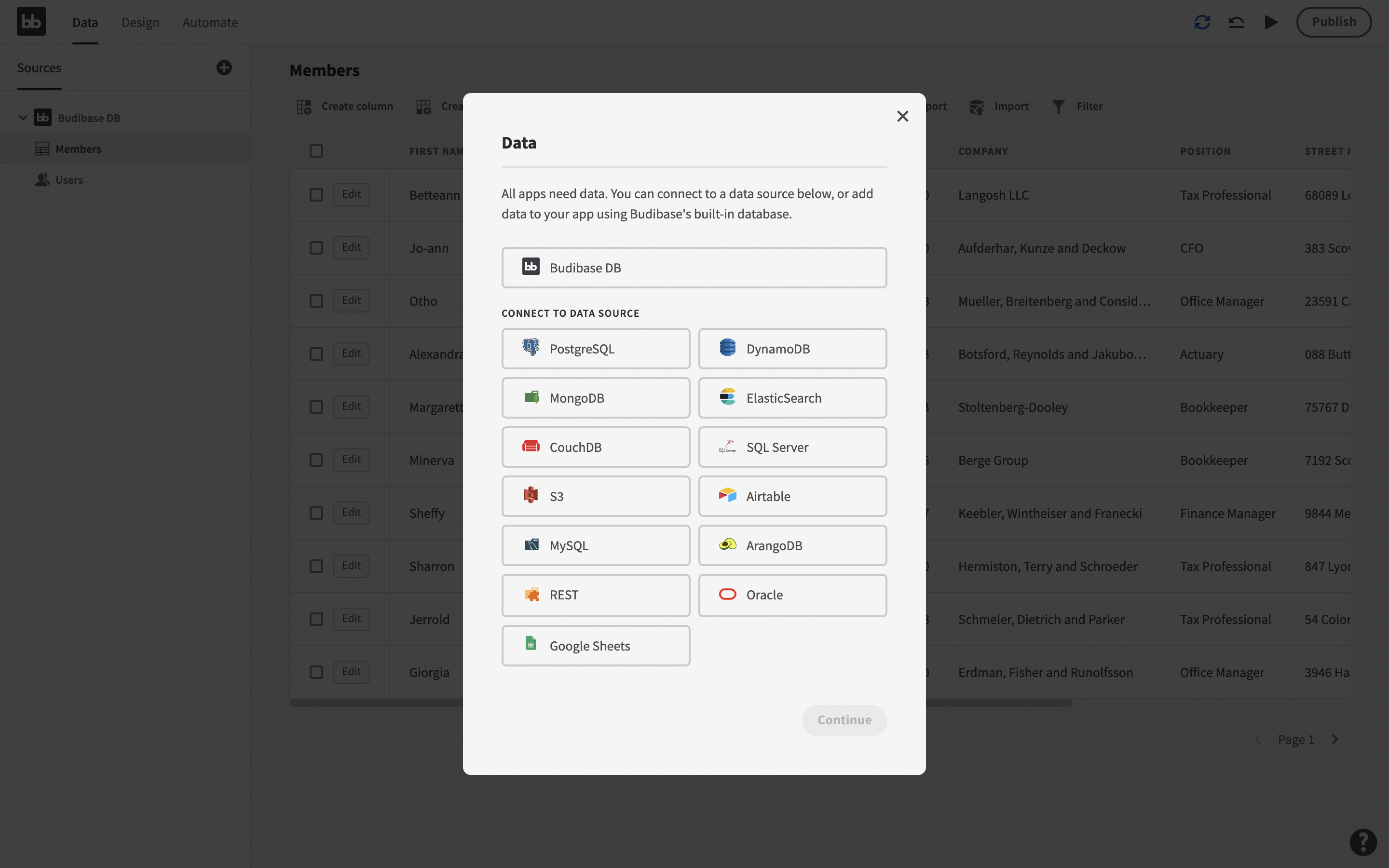 Select external data sources screenshot