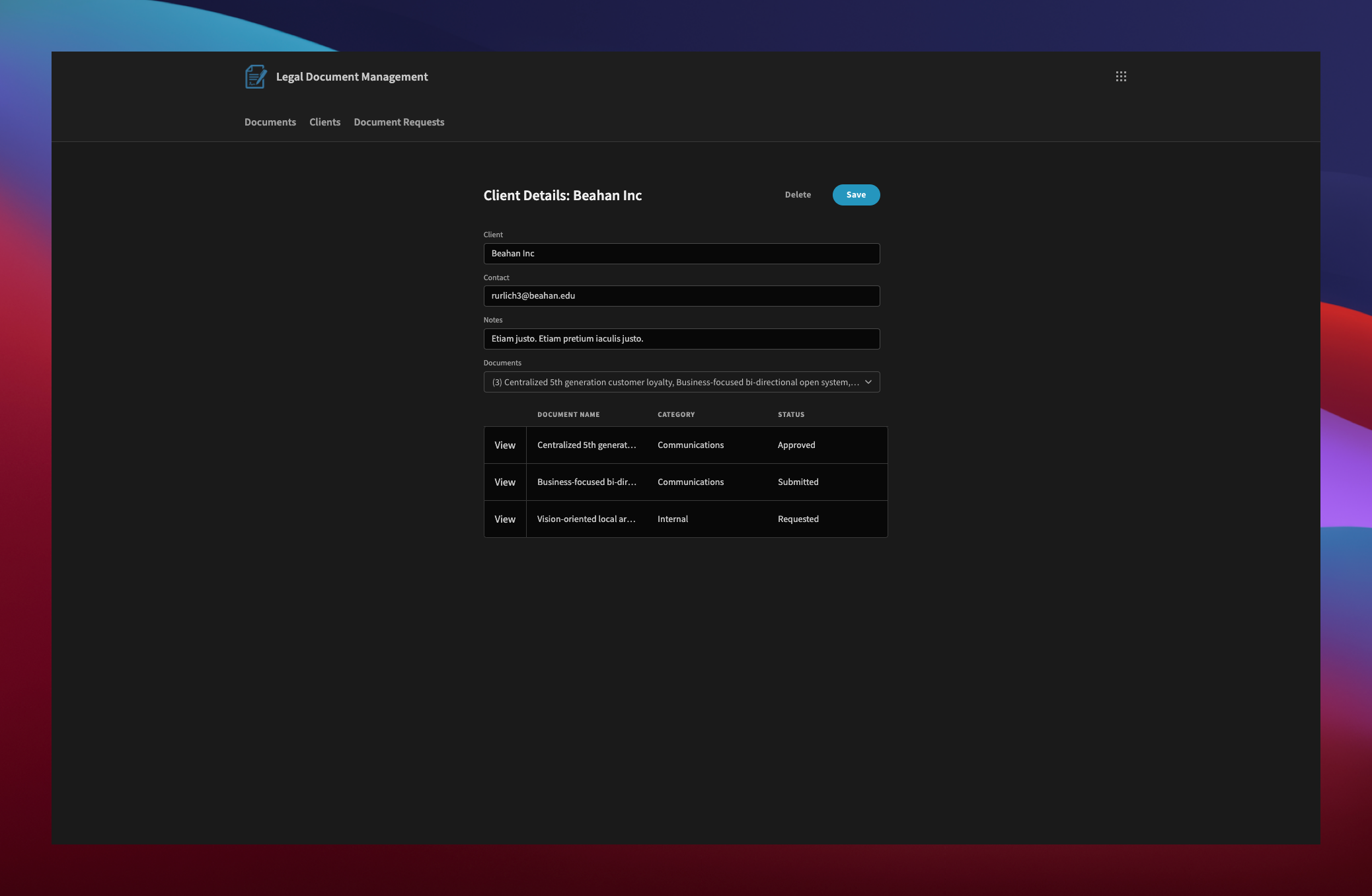 Client Management Screen